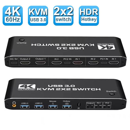 Dual Computer KVM Switch, Dual Monitor, 4K 60Hz High Resolution
